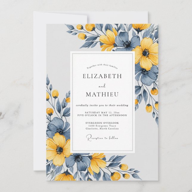Invitación Slate Blue Artistic Botanical Wedding (Anverso)