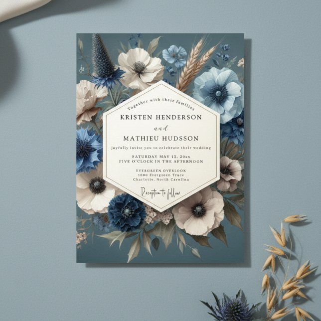 Invitación Slate Blue Bloom Moody Wedding (Subido por el creador)