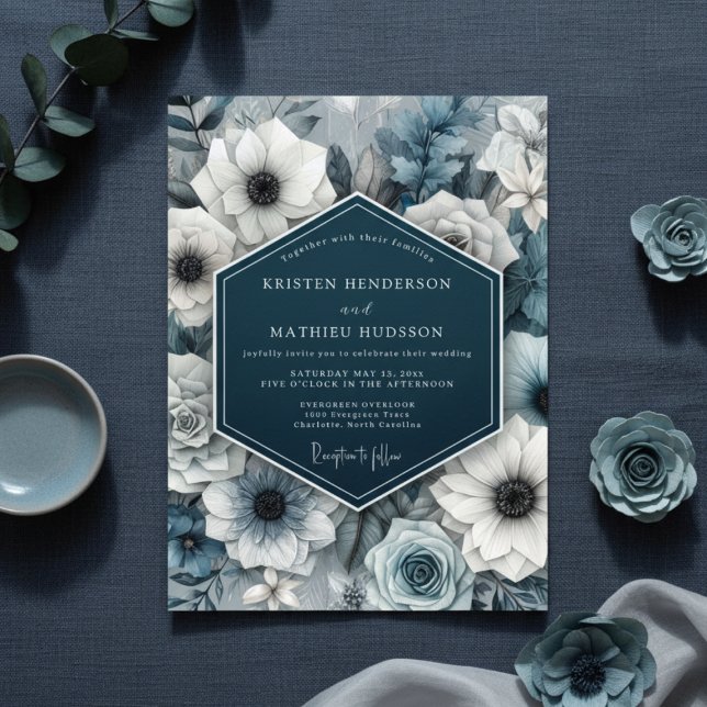 Invitación Slate Blue Bloom Nocturne Wedding (Subido por el creador)
