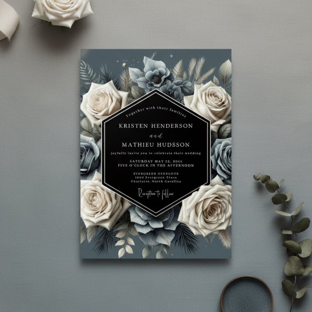 Invitación Slate Blue Bloom Opulent Wedding (Subido por el creador)
