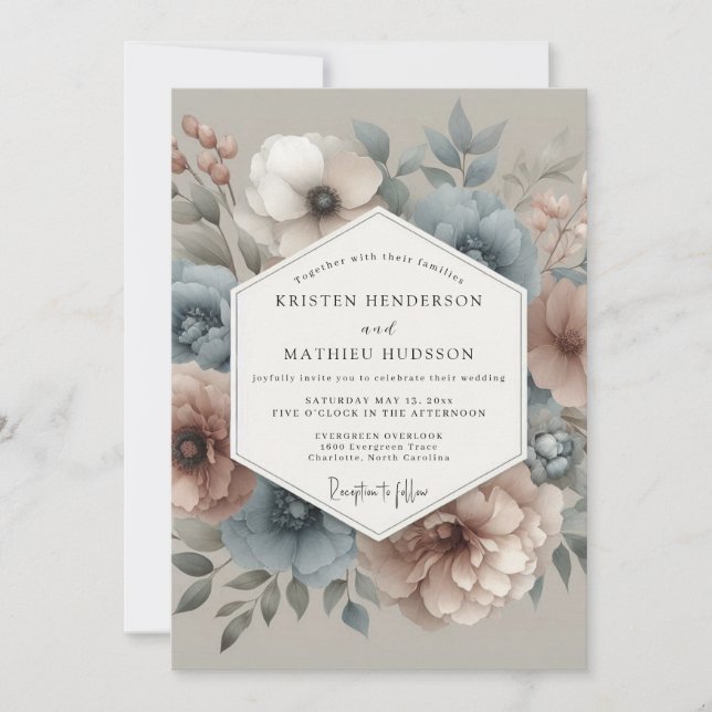 Invitación Slate Blue Blush Hazy Bloom Wedding (Anverso)
