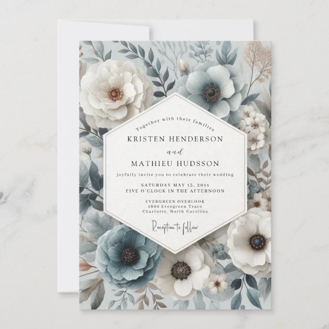 Invitación Slate Blue Botanical Bloom Wedding (Anverso)