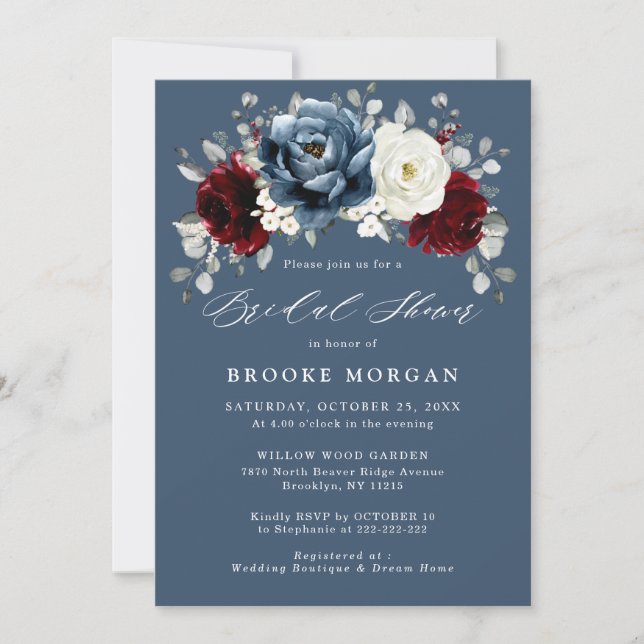 Invitación Slate Blue Burgundy White Ivory Boho Bridal Shower (Anverso)
