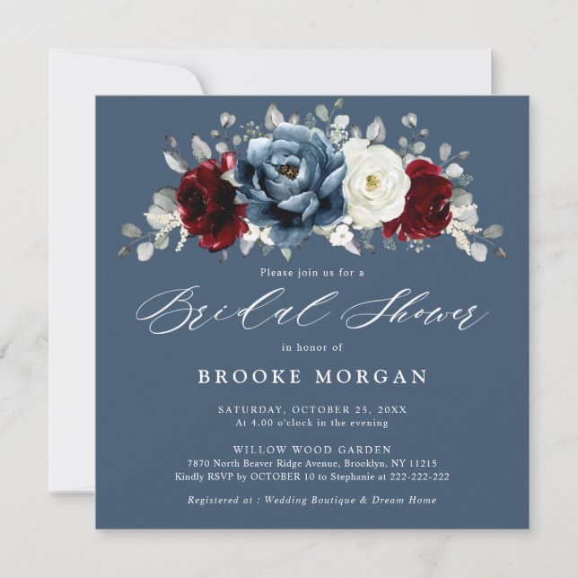 Invitación Slate Blue Burgundy White Ivory Boho Bridal Shower (Anverso)