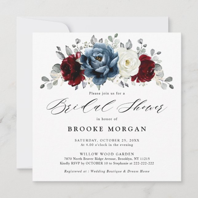 Invitación Slate Blue Burgundy White Ivory Boho Bridal Shower (Anverso)