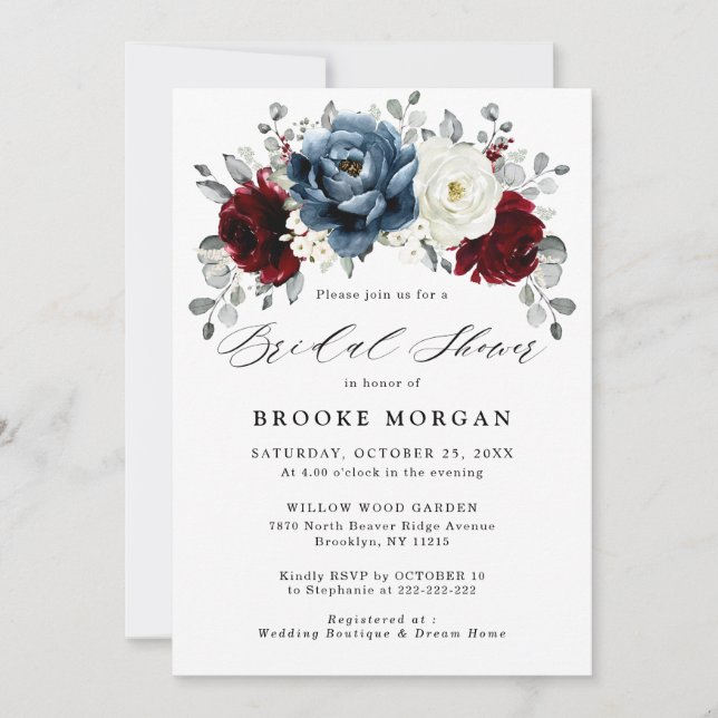 Invitación Slate Blue Burgundy White Ivory Boho Bridal Shower (Anverso)