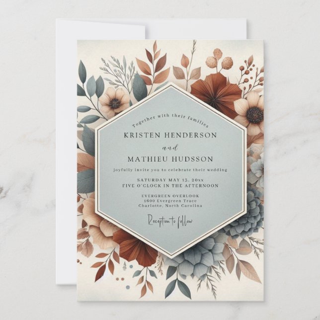 Invitación Slate Blue Burnt Orange Floral Wedding (Anverso)