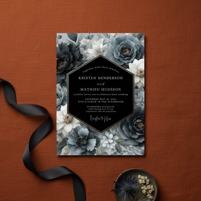 Invitación Slate Blue Dark Bloom Wedding (Subido por el creador)