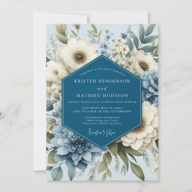 Invitación Slate Blue Elegant Anemone Wedding (Anverso)