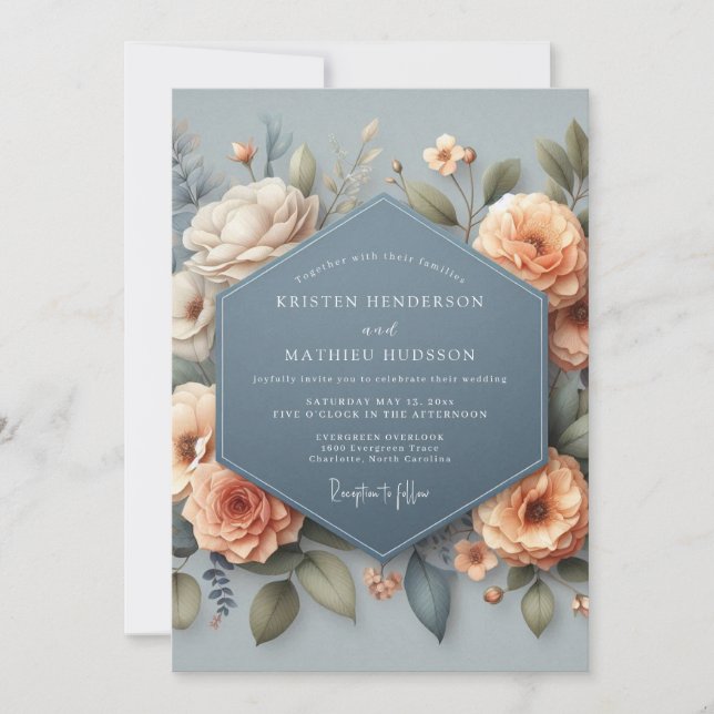 Invitación Slate Blue Elegant Bloom Wedding (Anverso)