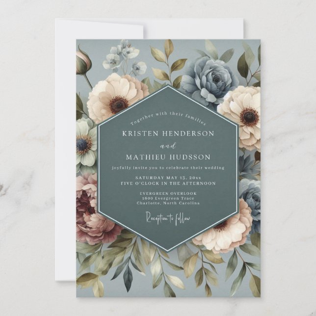 Invitación Slate Blue Faded Posy Wedding (Anverso)