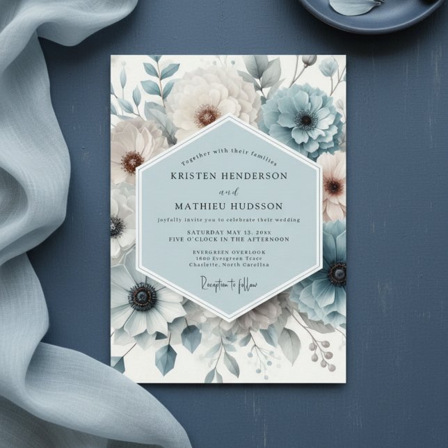Invitación Slate Blue Floral Elegance Wedding (Subido por el creador)