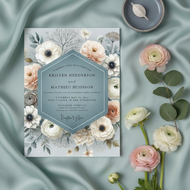 Invitación Slate Blue Floral Flourish Wedding (Subido por el creador)