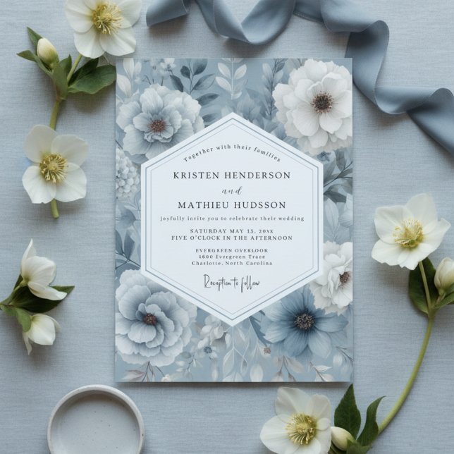 Invitación Slate Blue Floral Opulent Wedding (Subido por el creador)