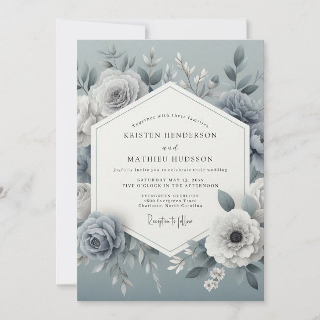 Invitación Slate Blue Floral Romantic Wedding (Anverso)