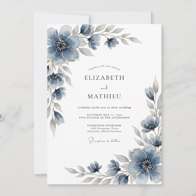 Invitación Slate Blue Floral Romantic Wedding (Anverso)