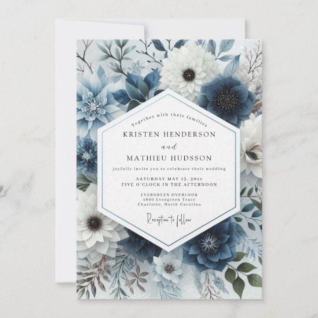 Invitación Slate Blue Frosted Flora Wedding (Anverso)