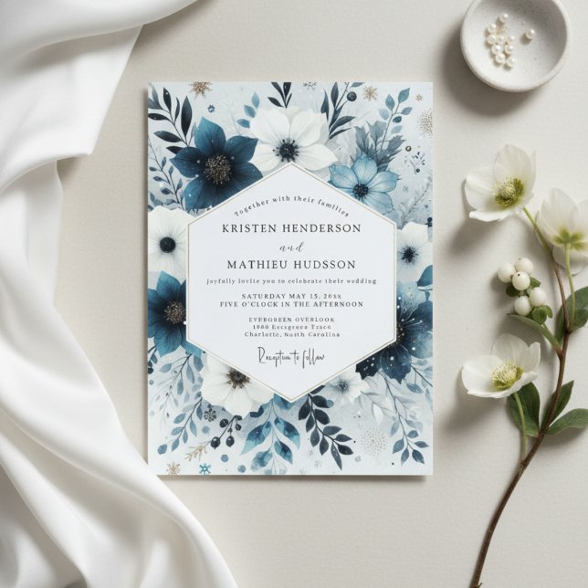 Invitación Slate Blue Frosty Flora Wedding (Subido por el creador)