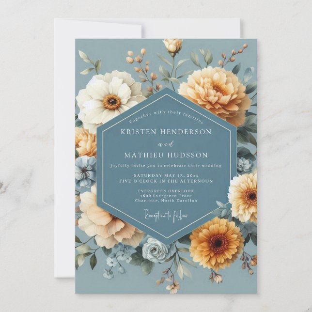 Invitación Slate Blue Golden Bloom Wedding (Anverso)
