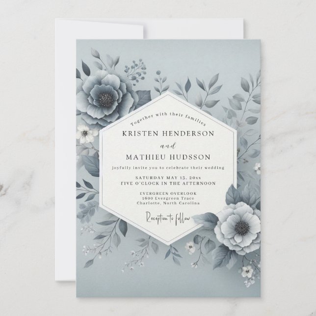 Invitación Slate Blue Hazy Bloom Wedding (Anverso)
