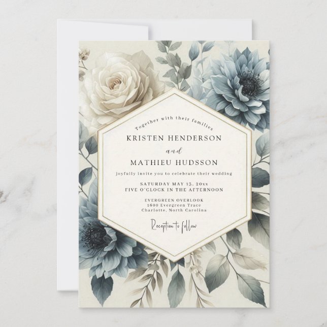 Invitación Slate Blue Heirloom Bloom Wedding (Anverso)