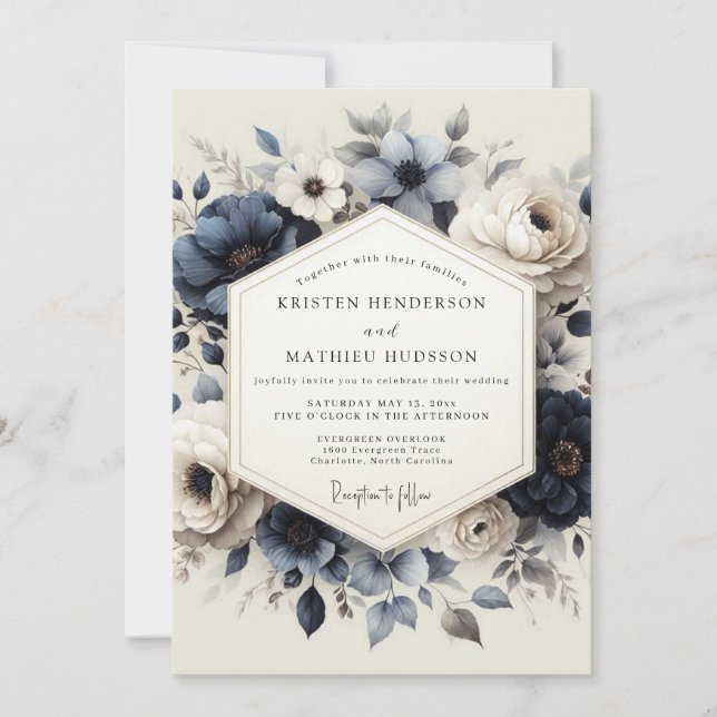 Invitación Slate Blue Heirloom Flora Wedding (Anverso)