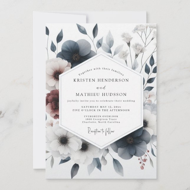 Invitación Slate Blue Moody Anemone Wedding (Anverso)