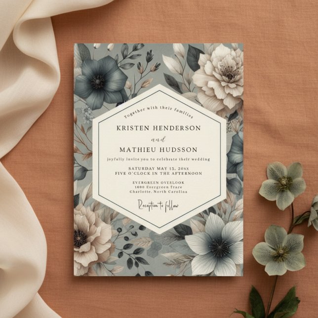 Invitación Slate Blue Moody Bloom Wedding (Subido por el creador)