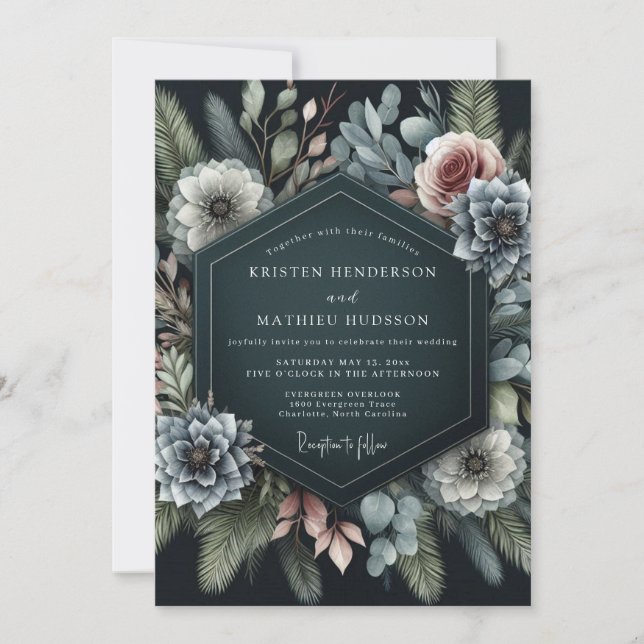 Invitación Slate Blue Moody Flora Wedding (Anverso)