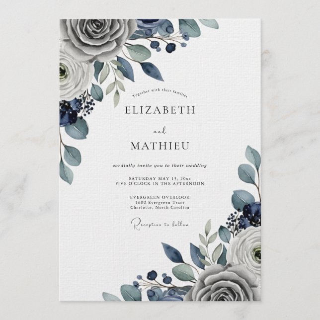 Invitación Slate Blue Moody Floral Wedding (Anverso)