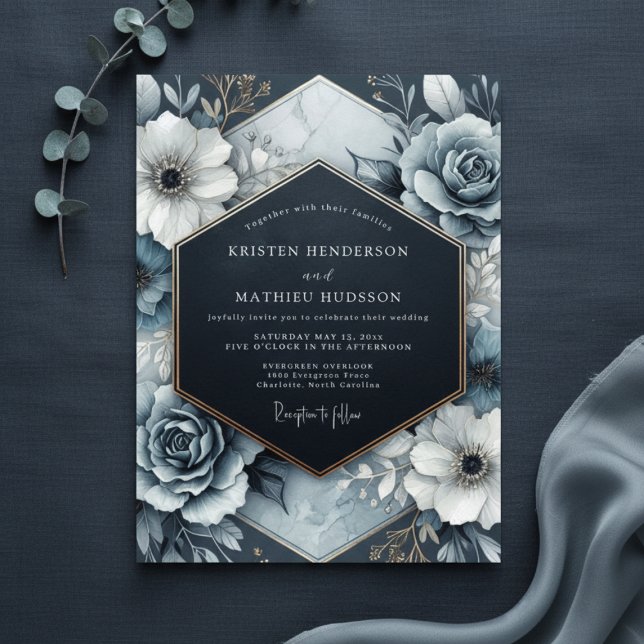 Invitación Slate Blue Opulent Bloom Wedding (Subido por el creador)