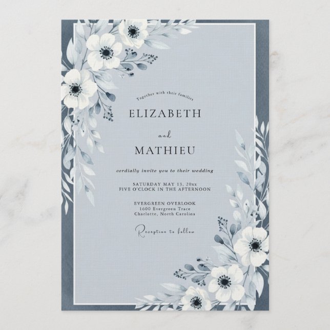 Invitación Slate Blue Painterly Anemone Wedding (Anverso)