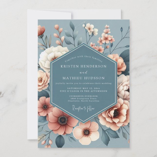 Invitación Slate Blue Painterly Bloom Wedding (Anverso)