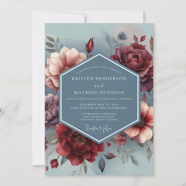 Invitación Slate Blue Painterly Bloom Wedding (Anverso)