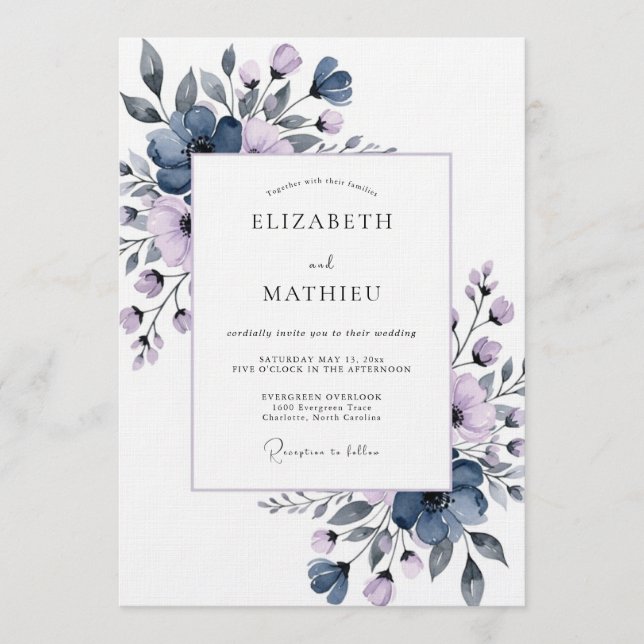 Invitación Slate Blue Painterly Flora Wedding (Anverso)