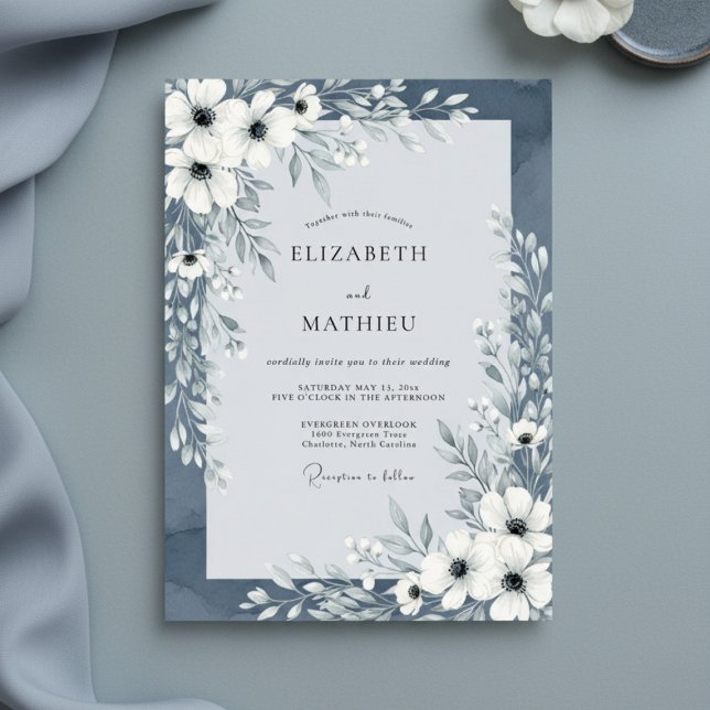 Invitación Slate Blue Painterly Floral Wedding (Subido por el creador)