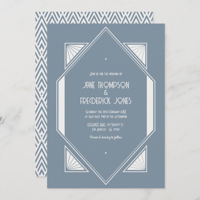 Invitación Slate Blue & Pearl White Art Deco Wedding Photo (Anverso / Reverso)