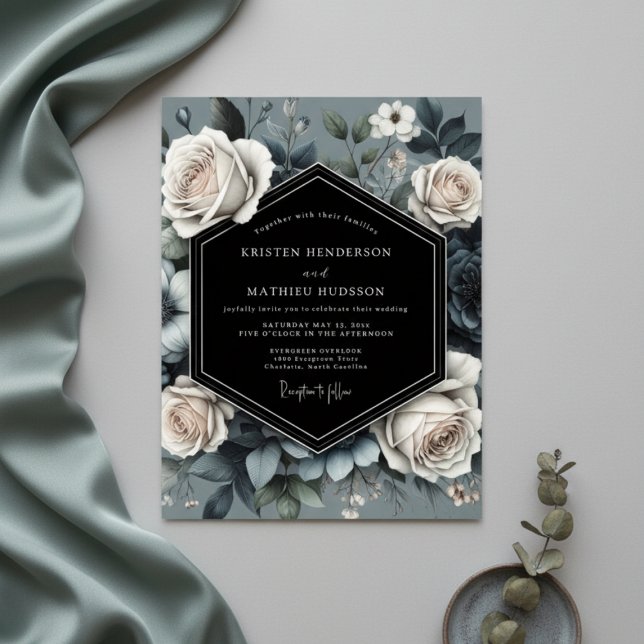 Invitación Slate Blue Rose Opulence Wedding (Subido por el creador)
