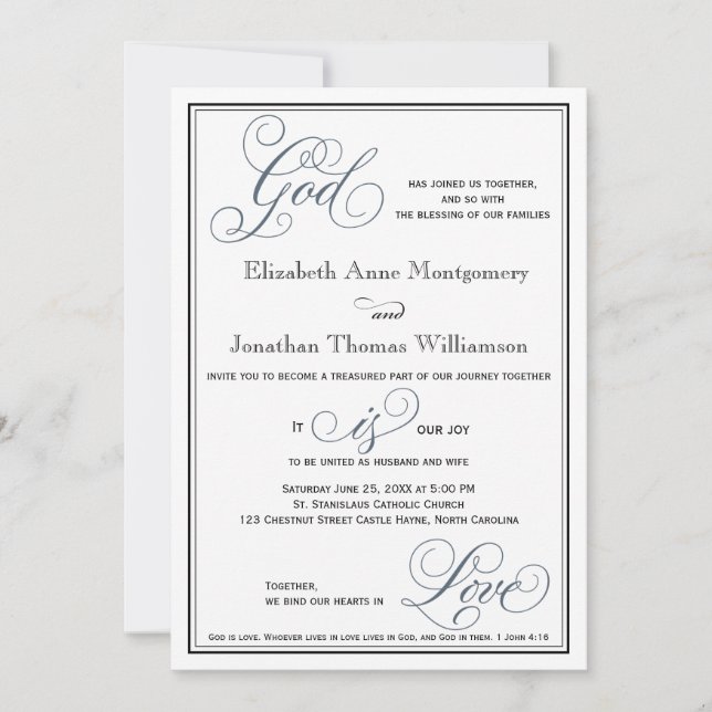 Invitación Slate Blue Script God is Love Christian Boda (Anverso)