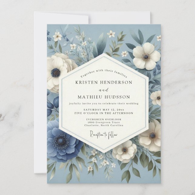 Invitación Slate Blue Serene Flora Wedding (Anverso)