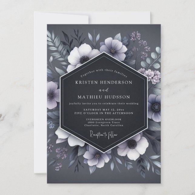 Invitación Slate Blue Shadowy Flora Wedding (Anverso)