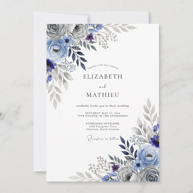 Invitación Slate Blue Striking Botanical Wedding (Anverso)