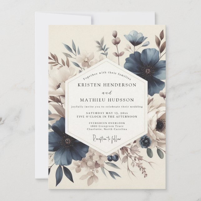 Invitación Slate Blue Vintage Bloom Wedding (Anverso)