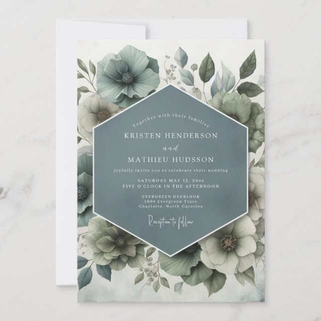 Invitación Slate Blue Watercolor Bloom Wedding (Anverso)