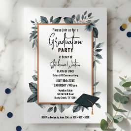 Invitación Slate Blue Watercolor Leaves Geometric Graduation