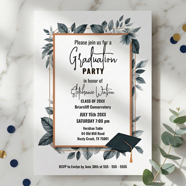 Invitación Slate Blue Watercolor Leaves Geometric Graduation (Subido por el creador)