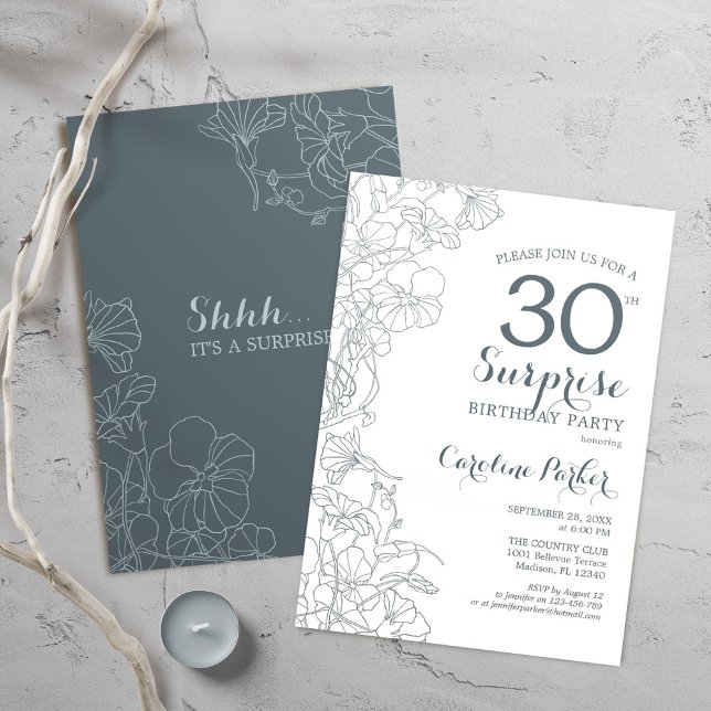 Invitación Slate Blue White Surprise, Fiesta de cumpleaños nú (Subido por el creador)