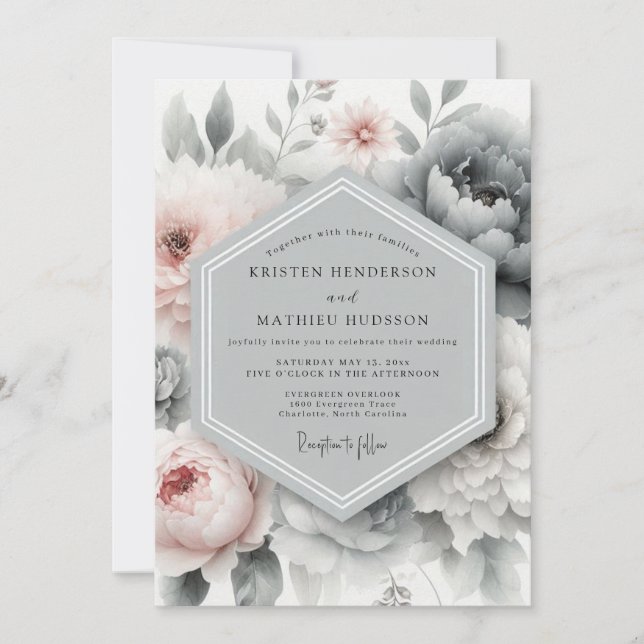 Invitación Slate Blush Painterly Peony Wedding (Anverso)