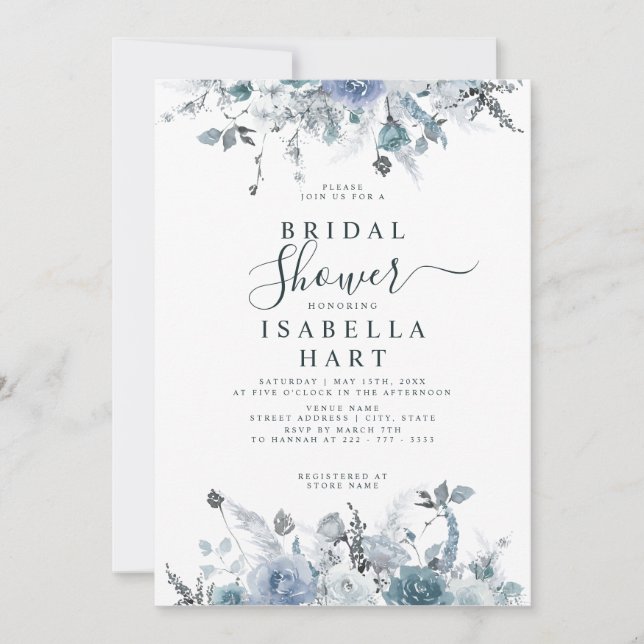 Invitación Slate Boho Dusty Blue Floral Pastel Bridal Shower (Anverso)