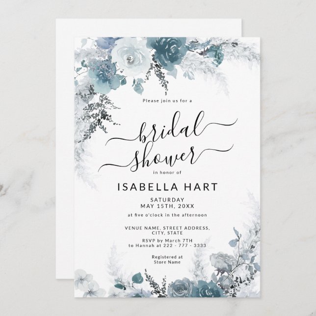 Invitación Slate Boho Dusty Blue Neutral Floral Bridal Shower (Anverso / Reverso)